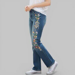 DRIFTWOOD Embroidered Straight Leg Jeans in Blue with Multicolor Floral Trim